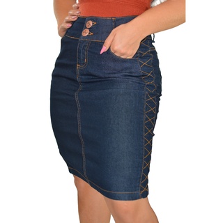 Saia Costura Lateral Xadrez Jeans Midi Secretaria Cintura Alta Com Lycra Moda Evangelica Feminina REF: 015
