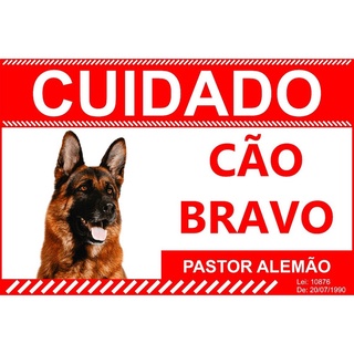 Placa Sinalização Cuidado Cão Bravo Pastor Alemão 31x21cm