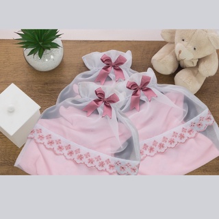 Saquinho De Maternidade Voal / Laço : Rosa/Rose/Marinho/Branco - Kit Com 3 Unidades