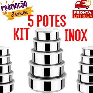 Kit Conjunto de Tigelas Vasilhas Potes Inox Kit 5 Peças com Tampa