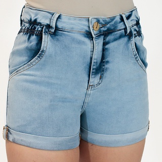 Shorts Jeans Imporium Feminino Cós Alto Cintura Alta c/ Detalhe Elastico na Lateral e Barra Dobrada