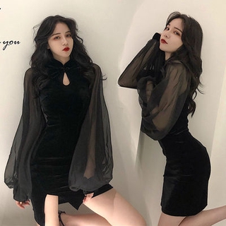 2020 new stand collar Lantern Sleeve Korean hip pack Chiffon stitched velvet cheongsam dress