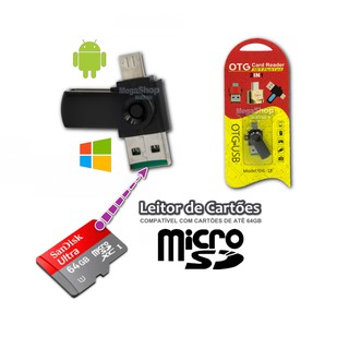 Leitor De Cartao De Memoria Micro SD OTG Para Celular e Tablet Com Micro USB e USB Para Pc Windows