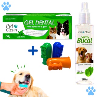 KIT Gel Dental + Spray Bucal + Escova De Dente Dedeira (Cores Sortidas) para Cachorro e Gato Pet Clean