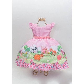 Vestido Luxo Tema Fazendinha Rosa Festa Infantil 1 a 3 anos