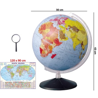 Globo Terrestre Político Continental 30cm Diâmetro e 43cm Altura + Mapa Mundi Gigante + Lupa