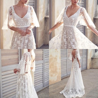 Vestido De Noiva Branco Com Apliques De Renda Para Praia / Vestido De Noiva Com Decote Em V