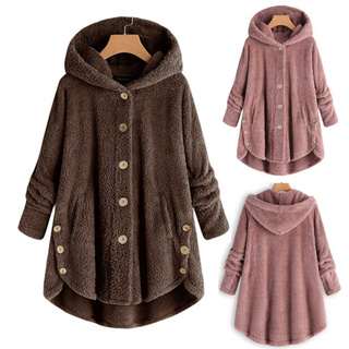 [BLUET] Fashion Women Button Coat Fluffy Tail Tops Hooded Pullover Loose Sweater