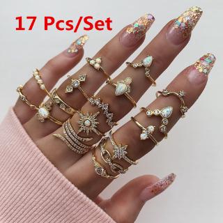 17 Pcs/ Set Crystal Gold Ring Set Women Party Jewelry Gifts