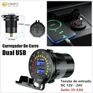 Dual USB Carregador De Carro Dc 12v - 24v to 5v 4.8A 50x36.8mm Tomada Carregador Usb De Carregamento Rápido Com Display LED Voltímetro