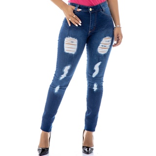calça jeans feminina azul escuro detalhe destroyed