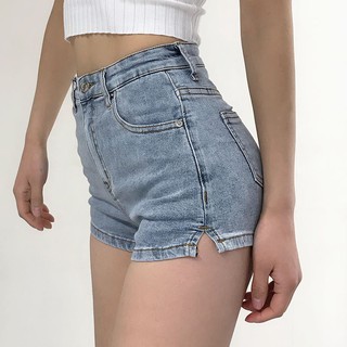 【Shorts femininos】Shorts jeans retrô cintura alta emagrecimento com fenda lateral feminina verão novo stretch all-match com pernas longas e calças quentes de quadril