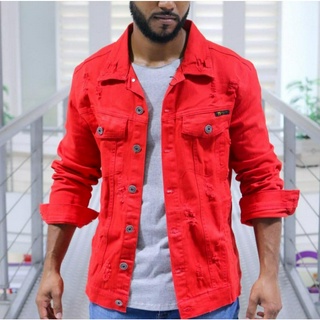 Jaqueta Jeans Masculina Colorida Vermelha Slim Fit Rasgada Casaco de Sarja Homem Estiloso Red.