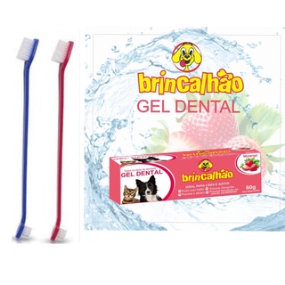 KIT com: Pasta de Dente Gel Dental para Pets Brincalhão - Combate o Mau Hálito de Cachorros e Gatos - 60g + 2 Escovas De Dente Dupla (3)