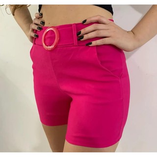 Short Feminino Cintura Alta Shorts curto com Bolso e fivela Moda Verao (5)