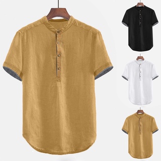 (Morstore) Camiseta / Blusa Masculina Folgada De Algodão E Linho Manga Curta Com Botões Plus Size