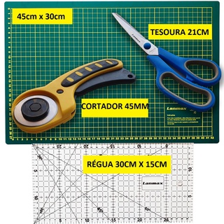 Kit Placa de Corte A3 - Tamanho 45x30cm + Régua 15x30cm + Cortador 45mm + Tesoura Para Tecido Artesanato Patchwork (1)