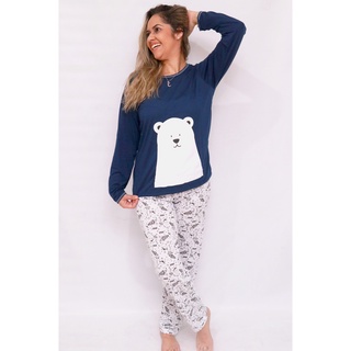 Pijama Feminino de Frio Longo Fechado Inverno Estampado Personagens Bichinhos Colorido Urso