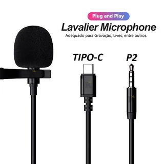 Microfone De Lapela Profissional Lavalier Câmera Computador Youtuber Live Preto P2 e Tipo C