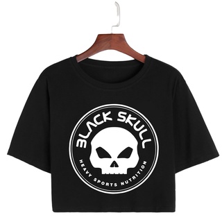 Cropped T Shirt Camiseta Feminino Casual Academia Black Skull Caveira