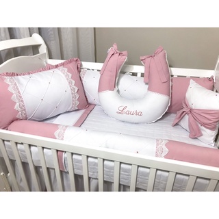 Kit Berço Paris Rosé 10 peças + Almofada de amamentação personalizada Baby Mania