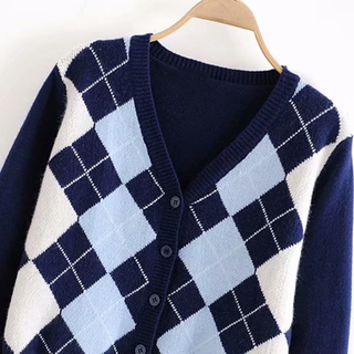 Plaid Knitted Sweaters Women Vintage Single Breasted Long Sleeve Cardigans Fashion Fashionable (9)