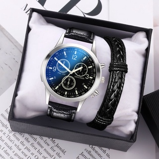 [Relógio + pulseira] Relógio casual masculino de couro relógio de quartzo retrô + pulseira masculina negra