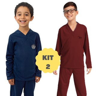 Kit 2 Pijama Infantil Menino Longo Manga Longa Calça Masculino Liso de Frio 040LI (1)