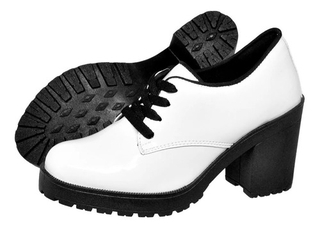 Sapato Feminino Coturno Oxford Salto Grosso Tratorado Verniz