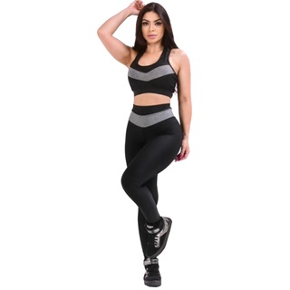 Conjunto fitness feminino moda academia top com bojo legging cintura alta