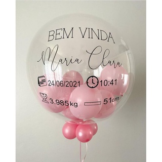 ADESIVO para Balão Bubble - Maternidade Nascimento do Bebê | Bem Vinda + Nome + Data + Peso + Horário + Cm