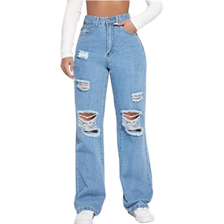 Calça Jeans Feminina Pantalona Rasgada no Joelho modelagem cintura alta 100% Jeans