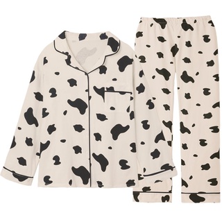 Conjunto de pijama calça de manga comprida nova vaca pequena japonesa doce pijama feminino conjunto de duas peças (1)