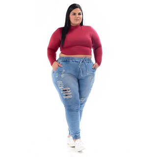 Calça Jeans Plus Size Jogger Destroyed Feminina com Lycra e elástico de luxo