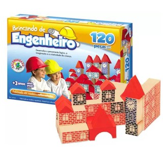 Brincando de Engenheiro c/ 42, 53 ou 120 Blocos de Montar em Madeira - Brinquedo Jogo Educativo Criativo Diversão Futuro Engenheiro Menino Menina