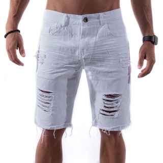 Bermuda Rasgada Masculino Short Jeans Branco e Preto Destroyed
