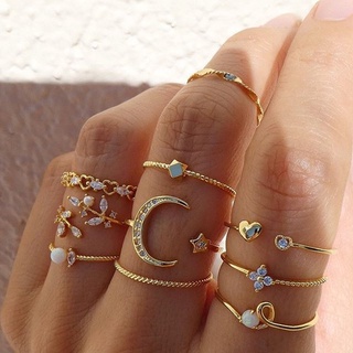 10 Pcs Set Star Moon Ring Set Fashion Diamond Heart Pearl Bohemian Set Ring for Women