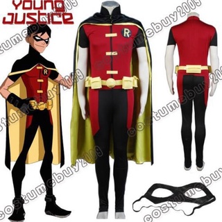 Em Estoque Adulto Jovem Justice Robin Traje Uniforme Manto Macacão Preto Para Os Homens Dia Das Bruxas Cosplay Outfit