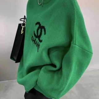 Chanel Womens Solto Verde Blusas De Malha De Lã Tops Manga Comprida Em Torno Do Pescoço Roupas Da Moda
