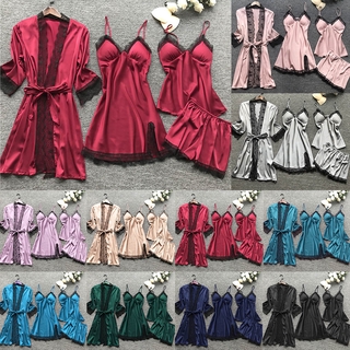 Women Satin Pajama Sets 4 Piece Silk Sleepwear Pajama Spaghetti Straps Lace Chest Pads Sleepwear Pajamas 2020