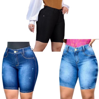 Shorts Femininos Cintura Alta Jeans Meia Coxa Com Lycra Kit C/ 3