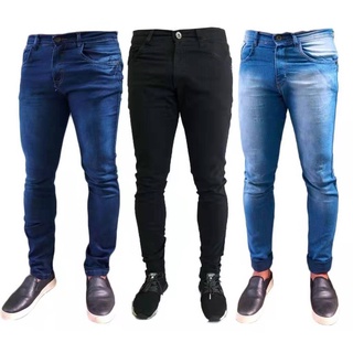 Kit 3 Calças Jeans Masculina Skinny C/ Lycra Elastano Slim Fit 2021preto ESCURO CLARO MEDIO