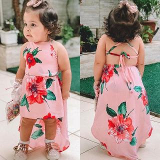 Vestido Infantil Casual De Verão Com As Costas De Fora E Flor Para Crianças / Bebês / Meninas