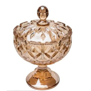 Bomboniere Decorativo com Pé e Tampa de Cristal Crown Âmbar Dourada 9x14cm Potiche Wolff ‎26388 (1)