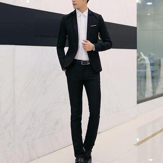 Yar_2Pcs Office Business Men Solid Color Lapel Long Sleeve Slim Blazer Pants Suit (8)