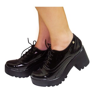 Sapato Feminino Oxford Salto Tratorado Preto Verniz
