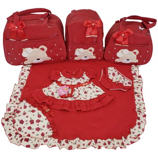 Kit Bolsas de Maternidade 3 peças Luxo com Saída Vermelho Urso Menina Vestido