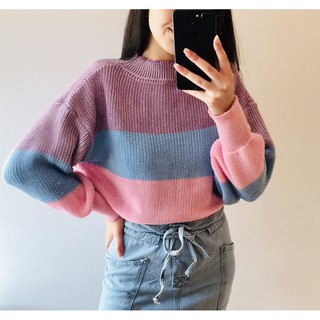 Moletom cropped tricô listrado Blusa feminina manga longa de tricot linha rainbow colorido com punho justo e gola alta (6)