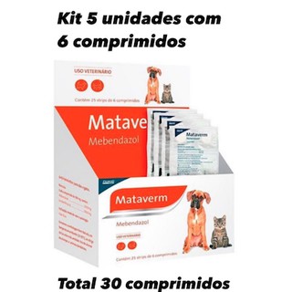 KIT 5 Vermífugo Mataverm Para Cães e Gatos 5 Blister Com 6 Comprimidos Total (30 Comprimidos)