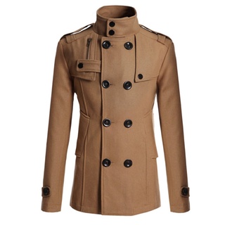 Yar_Men Long Sleeve Lapel Collar Double-breasted Pockets Woolen Slim Trench Coat (5)